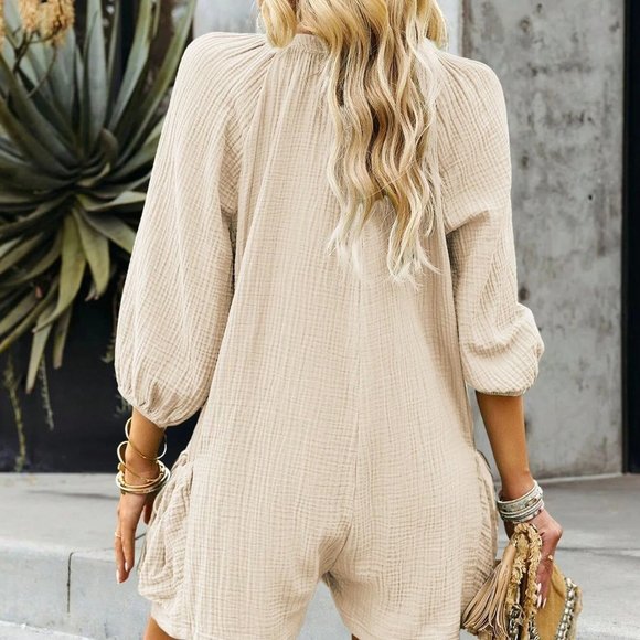Apricot Boho Womens Half Button Raglan Sleeve Knot Detail Romper - Picture 2 of 5